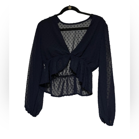 Long Sleeve Swiss Dot Navy Blue Crop Top - Picture 2 of 6